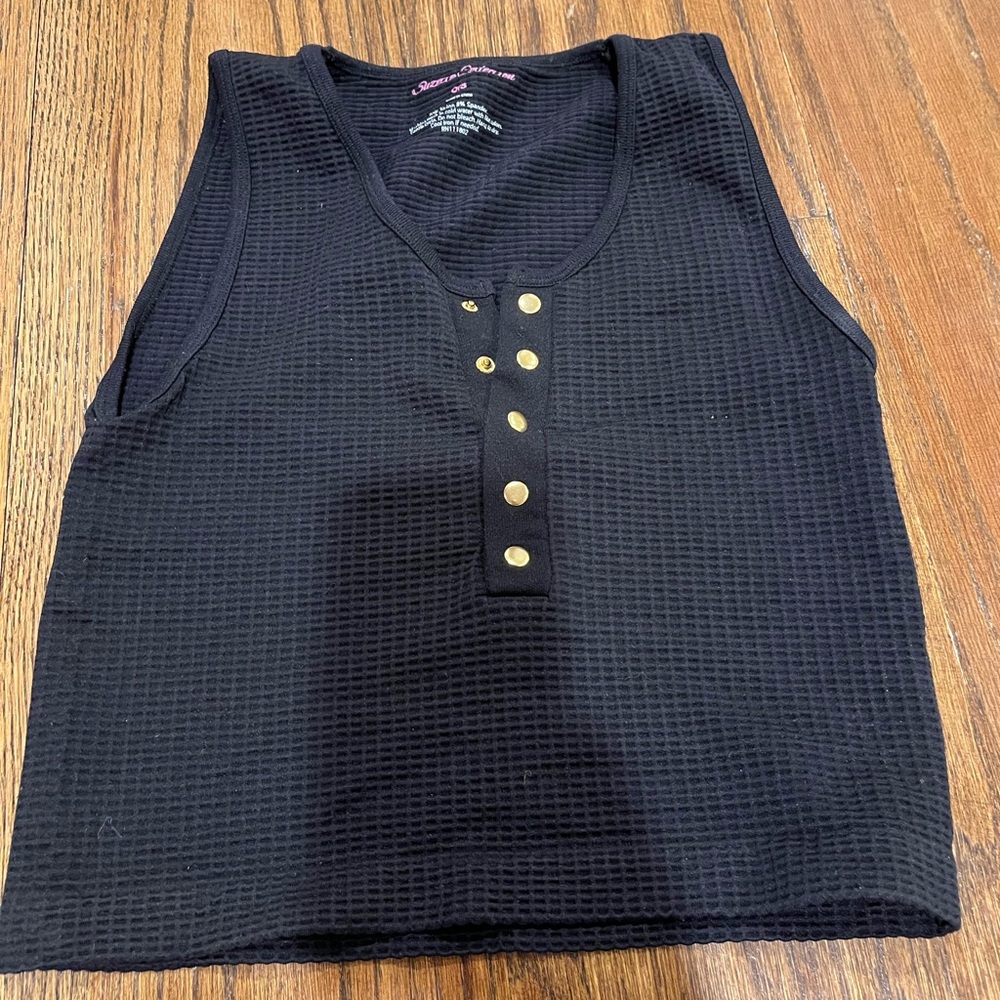 Black Waffle Tank with Gold Buttons